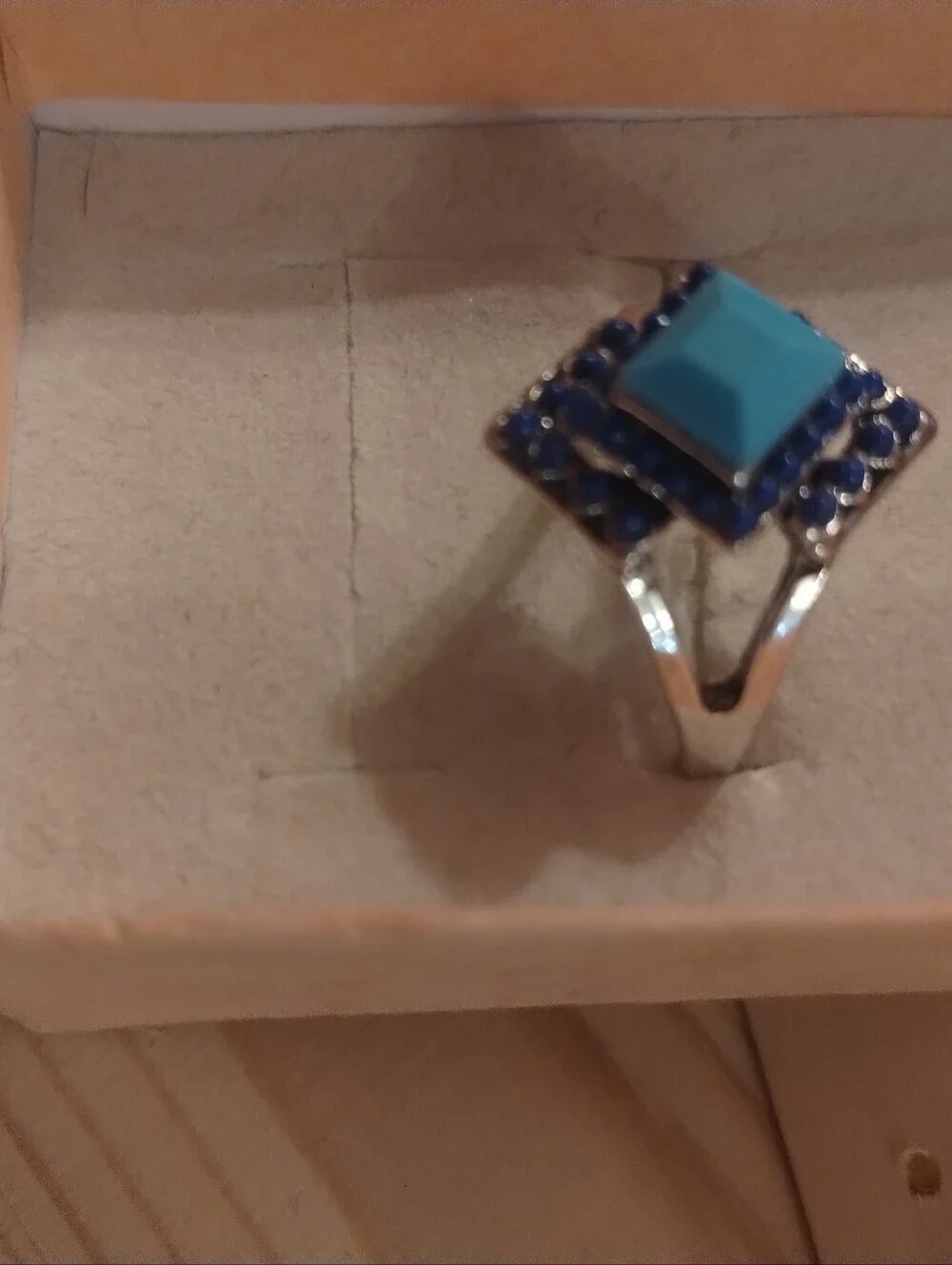 Turquoise Blue Geometric Statement Ring Silver Tone Boho Size 8.5